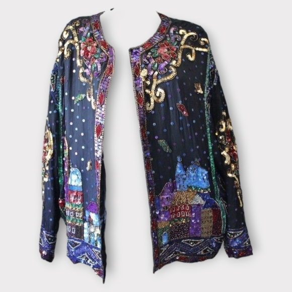 Plus size vintage sequin silk cityscape jacket 2X by TOGETHER! - Picture 6 of 9